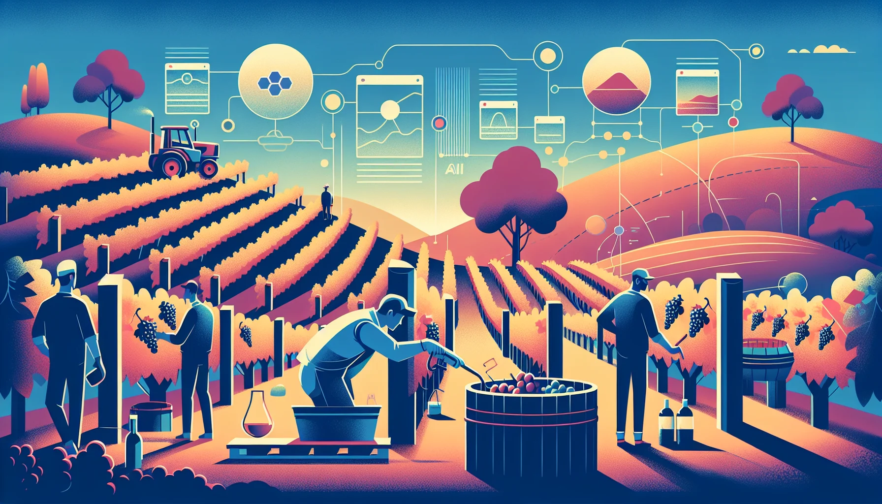 Illustration of vineyard workers and data analytics